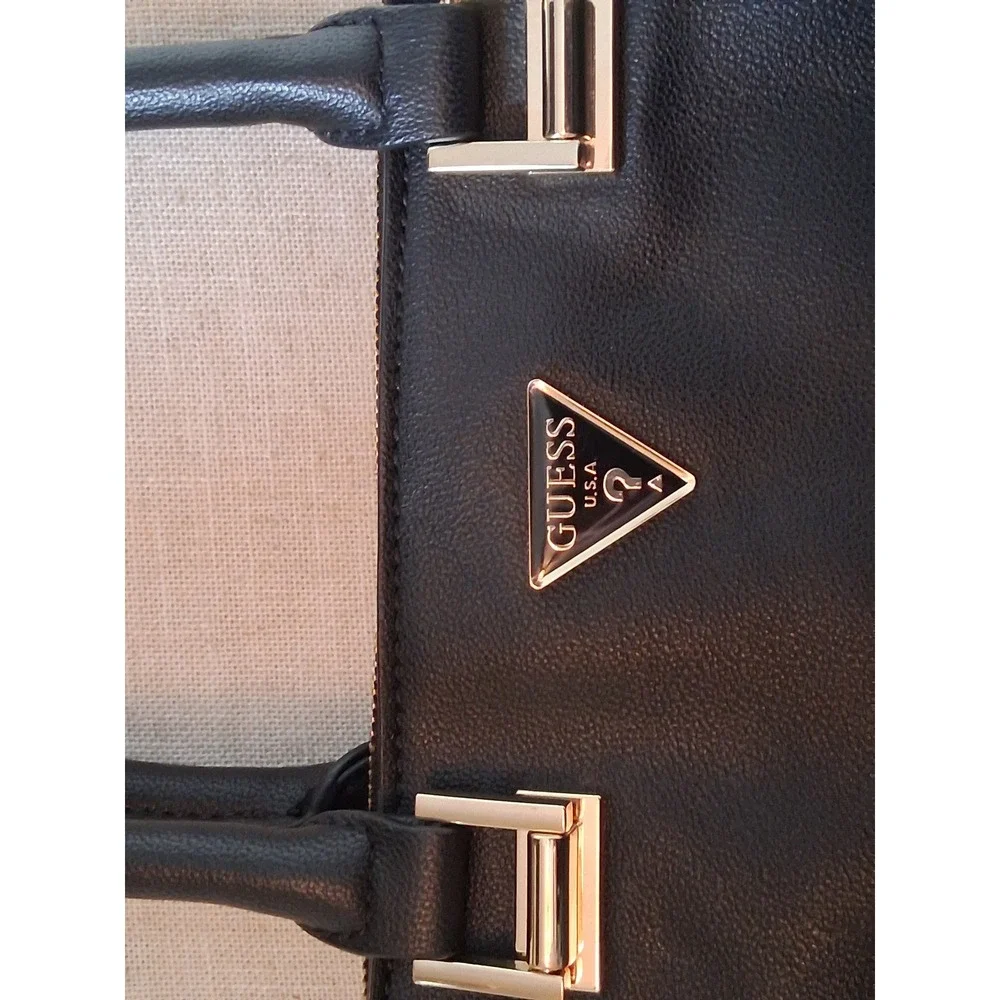 GUESS Black Faux Leather Satchel Handbag Gold Tone Hardware Logo Top Handle Bag